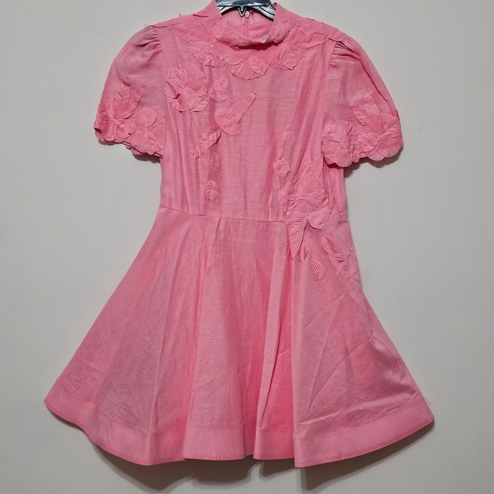 Antonio Melani Dress 8 Pink Short Sleeves Fit & Flare Linen Pocket 0690